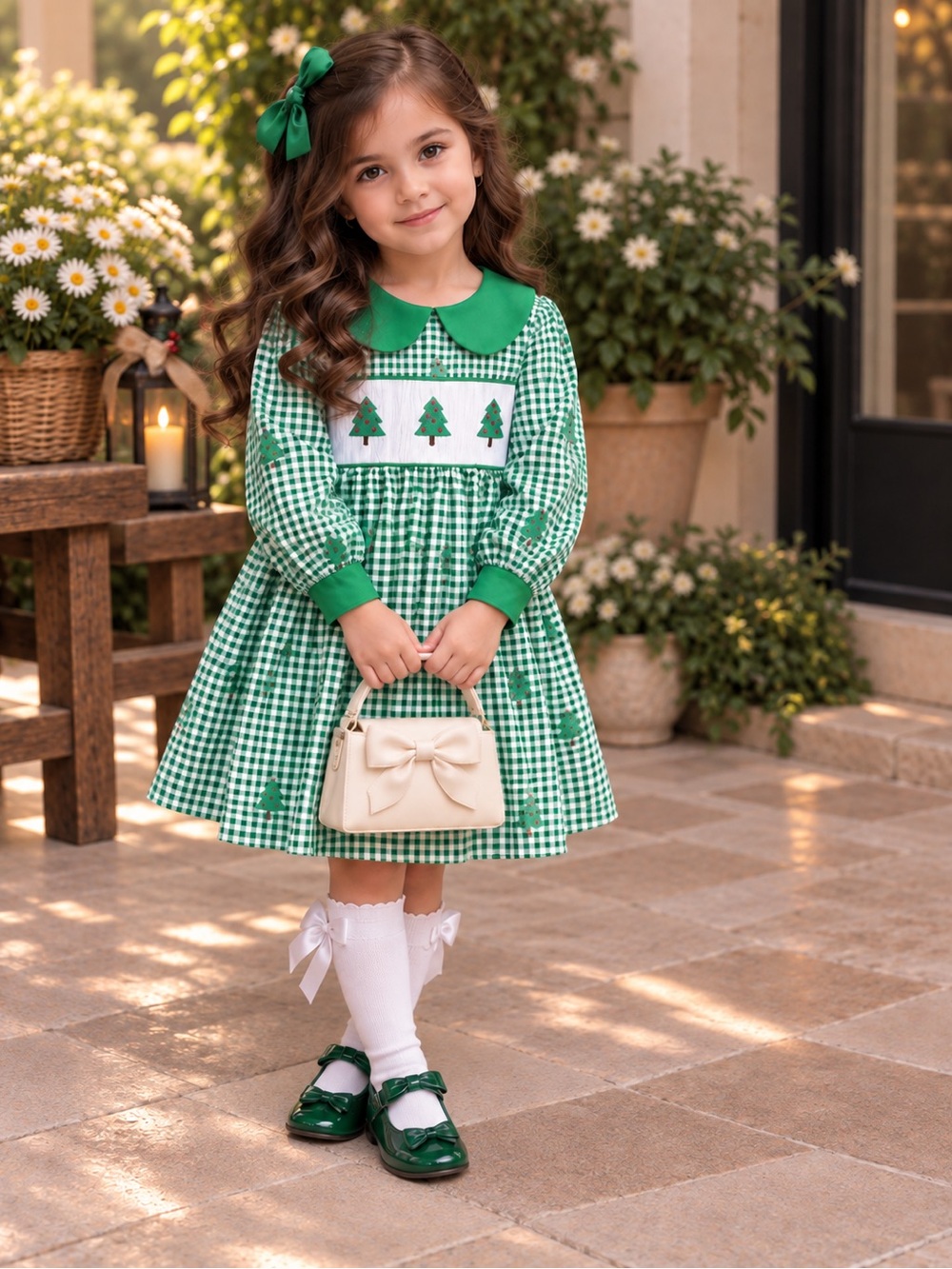 Girls Green Gingham Holiday Dress with Tree Applique - Classic Kids Costume